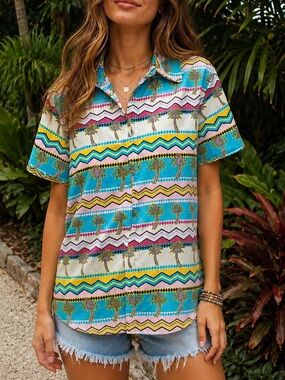 ZIPCODE Women’s Large Tropical Palm Tree Aztec Resort Cruise Button Up Shirt